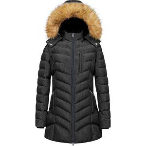 Women's Black Winter Warm Long Hooded Puffer Jacket Coat Fabric Waterproof
